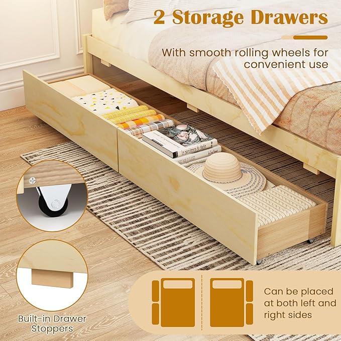 Giantex Queen Size Bed Frame with 2 Storage Drawers, Solid Wood Platform Bed with Slats Support, Heavy Duty Daybed with Storage, No Box Spring Needed, Queen Bed Frames for Teens Adults, Natural