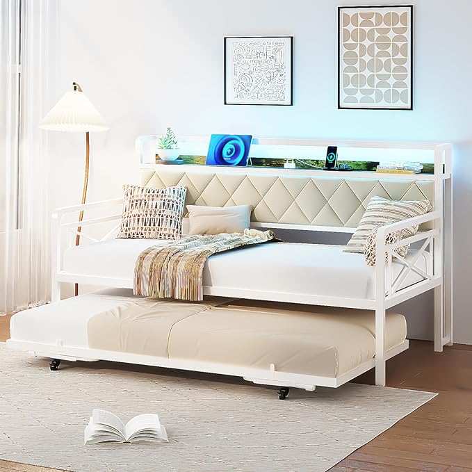VINGLI Twin Daybed with Trundle Bed, Sofa DayBed with LED Light & Charing Station, Upholstered Bed Frame with Storage Headboard and Heavy Duty Metal Slats, for Living Room, Bedroom, Guest Room, White
