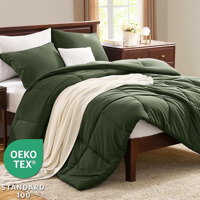 CozyLux Oversized King Comforter Set, 270GSM Olive Green Bedding Sets for All Seasons, 3 Pieces 120x98 Bed Set with 1 Down Alternative Comforter and 2 Pillow Shams, Soft, Lightweight, Breathable