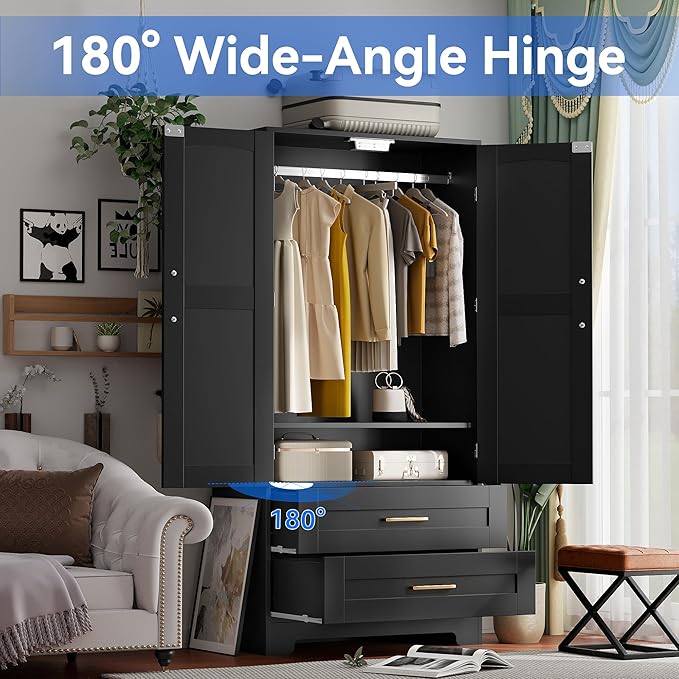 Wooden Armoire Wardrobe Closet with 2 Drawers, Bedroom Armoires with Door and Shelves, Freestanding Wardrobe Clothing Storage Cabinet with Hanging Rod for Bedroom, Laundry Room, Cloak Room（Black）