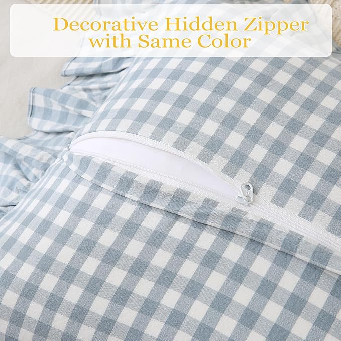 Light Blue/White Ruffled Long Lumbar Gingham Pillow Sham 14x36 inches 1 Piece, Pure Cotton Decor Pillowcase Farmhouse Vintage Cushion Cover for Bed Livingroom