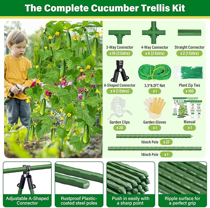 35x51 Inch Cucumber Trellis for Raised Bed, Adjustable A-Frame Garden Trellis for Climbing Plants Outdoor with Climbing Net, Meal Plant Trellis for Vegetables Pea Bean Tomato Squash Grape