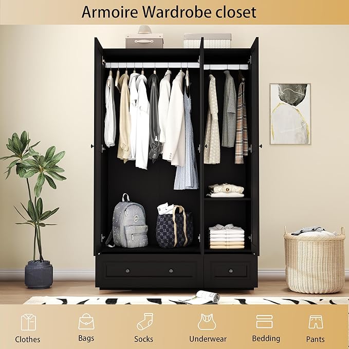 Armoire Wardrobe Closet with Drawers: 47" Black Wardrobe Closet with 3 Doors and 2 Drawers, Wood Clothes Armoire with Hanging Rod, Clothing Storage Cabinet for Bedroom