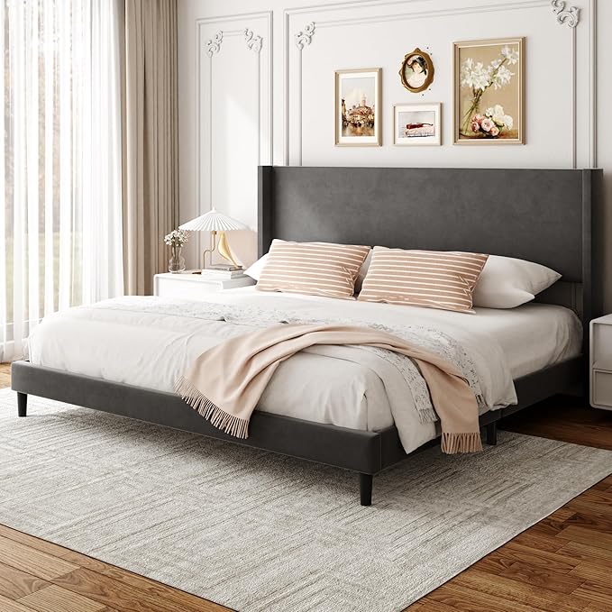 Sismplly King Bed Frame with Wingback Headboard, Velvet Upholstered Platform Bed with Wooden Slats, 6.46“ Under Bed Storage, Metal Support, Noise Free, No Box Spring Needed, Gray