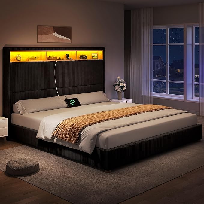 YITAHOME King Size Corduroy Upholstered Platform Bed Frame with Charging Station and RGB LED Lights, 53’’ Tall Storage Wingback Headboard, No Box Spring Needed, Easy Assembly, Noise-Free, Black
