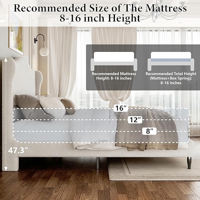 Queen Bed Frame with Wingback Headboard, Upholstered Boucle Platform Bed Frame Easy Assemnly, Solid Wooden Slats Support, Noise-Free, No Box Spring Needed, Soft Cloud Bed for Bedroom, Cream