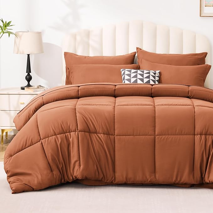Love's cabin Twin XL Comforter Set Burnt Orange, 5 Pieces Twin XL Bed in a Bag, All Season Bedding Sets with 1 Comforter, 1 Flat Sheet, 1 Fitted Sheet, 1 Pillowcase and 1 Pillow Sham | Soft, Breathable, Lightweight, Comfortable