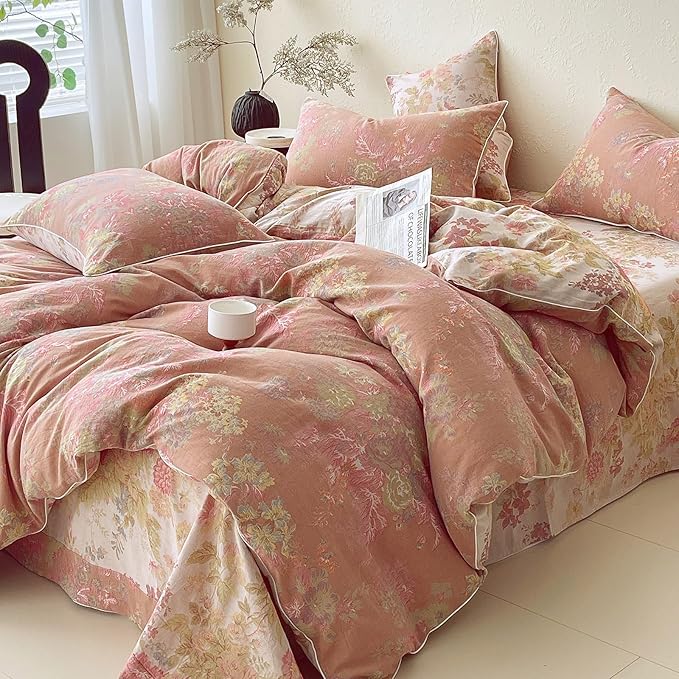 VM VOUGEMARKET Vintage Floral Double Gauze Duvet Cover Set Queen – Blush Peach Jacquard, Reversible Breathable Cotton Bedding, Rustic Pastoral Style for Cozy Family Bedrooms