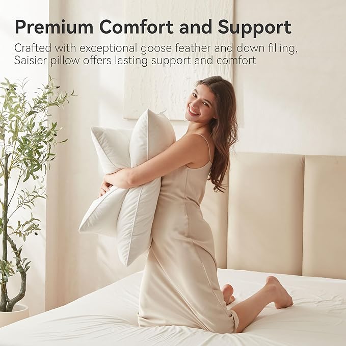 Goose Feather Down Pillows King Size Set of 2, Soft Pillows with 100% Organic Cotton Fabric, Luxury Hotel Quality Bed Pillow 2 Pack for Sleeping, Breathable & Fluffy (20" x 36")