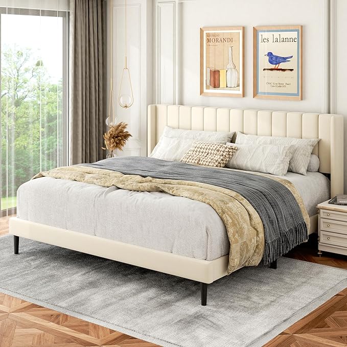 Gruwans King Size Bed Frame with Wingback Headboard, Upholstered Platform Bed, No Box Spring Needed, Sturdy Wooden Slat Support, Easy Assembly, Cream