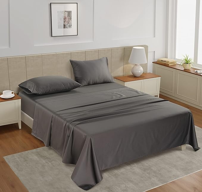 LANE LINEN Twin XL Sheets Set - 450 Thread Count Premium Sateen Weave for Smooth & Gentle Feel On Skin - Extra Soft & Breathable 100% Cotton Sheets Set - Fits Mattresses Upto 15'' Deep - Charcoal