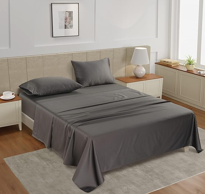 LANE LINEN Twin Bed Sheets Set - 450 Thread Count Sateen Weave for Smooth & Silky Feel On Skin - Breathable 100% Cotton Sheets for Single Beds - Fits Mattresses Upto 15'' Deep - Charcoal