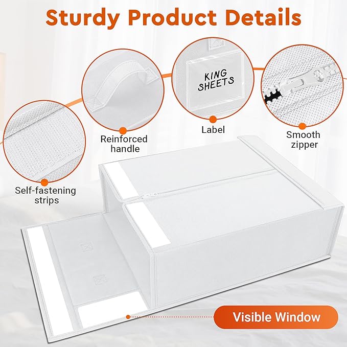 StorageTastic 8 Pack Bed Sheet Closet Organizers and Storage,Sturdy Foldable Storage Containers with Window and Label,Storage and Organization for Bedding Sheets,Duvet Covers,Blankets (White)