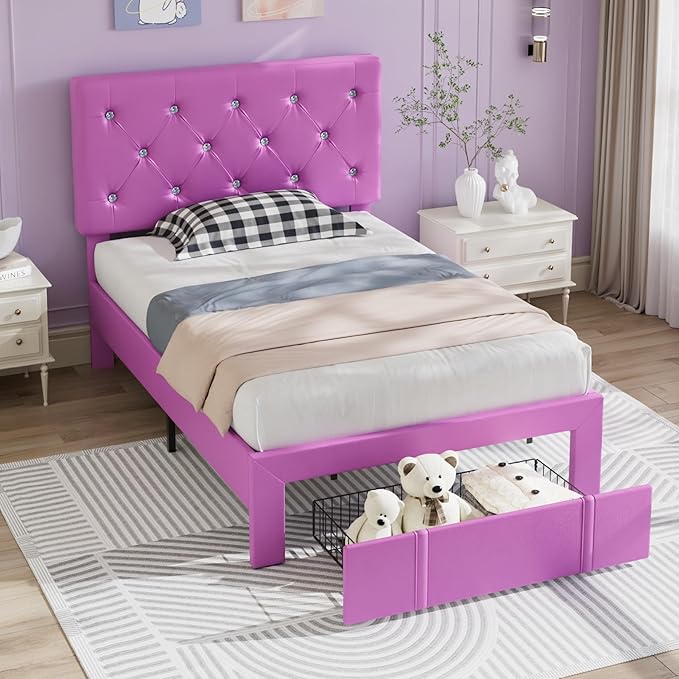 VECELO Twin Size Bed Frame with Storage Drawers, Leather Upholstered with Diamond Tufted Headboard, Solid Wood Slat Support, No Box Spring Needed, PU & Purple