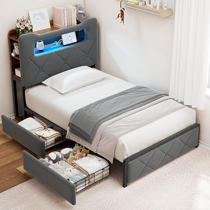 Jocoevol Twin Upholstered LED Bed Frame with 2 Storage Drawers and 2-Tier Storage Bookcase Headboard, Velvet Platform Bed for Kids/Girls/Boys, Corner Bed Frame, Heavy Duty Metal Support, Grey