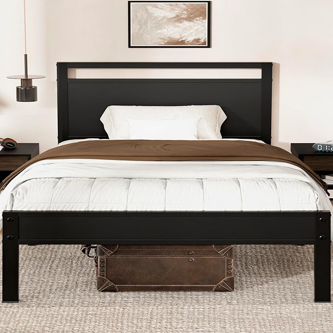 Z-hom Twin Metal Bed Frame with Wooden Headboard and Footboard, Heavy Duty Platform Frame with Metal Slats, No Box Spring Needed, Quiet and Non-Slip Design, Bed Storage for Small Bedroom,Black