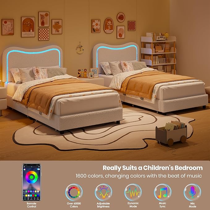 GarveeHome Upholstered LED Twin Bed Frames for Kids with 2 Drawers and Headboard, Cute Twin Bed with Storage for Girls, Boys, Sturdy Platform Bed, No Box Spring Needed, Wooden Slats, Noise, White