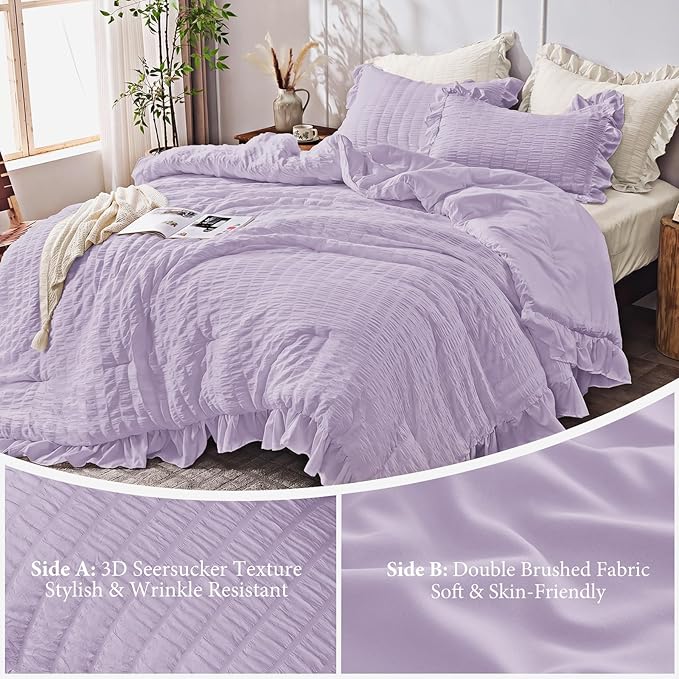 JOLLYVOGUE Lavender Twin Size Comforter Set, 2 Pieces Seersucker Lightweight Fluffy Bedding Set, Twin Ruffle Comforter, All Season Soft Microfiber Shabby Chic Bed Set