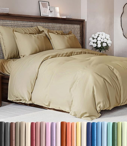Duvet Cover Cal King Size Set - Extra Soft Cal King Duvet Cover 104" x 98" with 2 Pillow Shams - Hotel Luxury, Easy Care & Fade Free with Zipper Closures & Ties - Comfy, Cozy and Breathable (Beige)