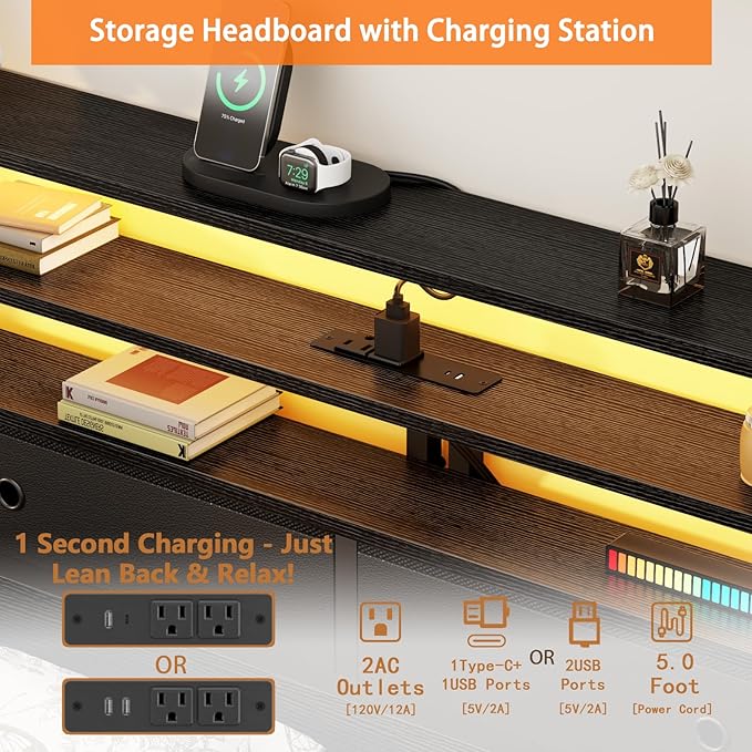 Furnulem Full Size Bed Frame with Headboard & 2 Fabric Drawers, Full Platform Bed Featuring LED Lights, Built-in Charging Station & Storage Shelves, Metal Slats, No Box Spring Needed – Black Oak