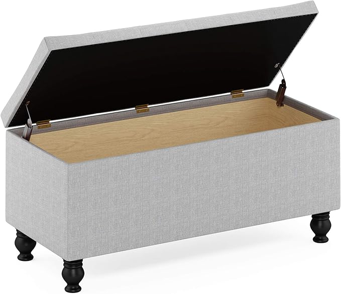 Furinno Laval Button Tufted Storage Ottoman Bench, with Safety Hinged Soft Closed Seat, for Entryway, Bedroom, Living Room, Glacier