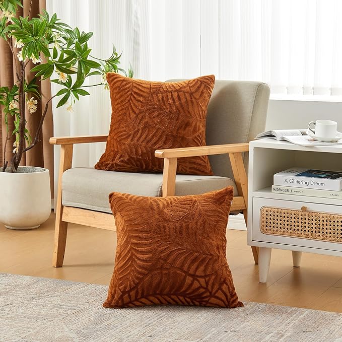 SOCHOW Fall Decorative Throw Pillow Covers 20x20 Inches Set of 2, Soft Leaves Textured Flannel Fleece Pillowcase Square Cushion Covers for Sofa Couch Bed, Caramel