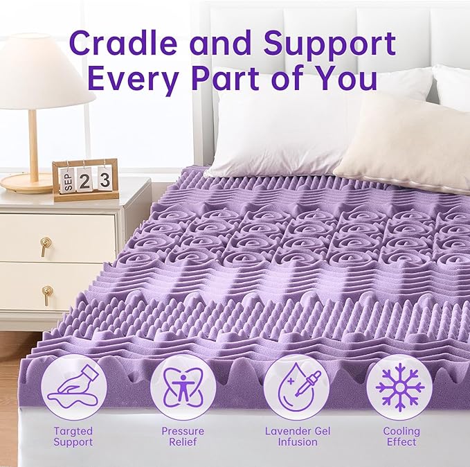 MUXHOMO 2 Inch 7-Zone King Mattress Topper, Egg Crate Memory Foam Mattress Topper King Size for Back Pain, Lavender Cooling Gel Infused Bed Pad, CertiPUR-US and Oeko-TEX Certification (76"×80")