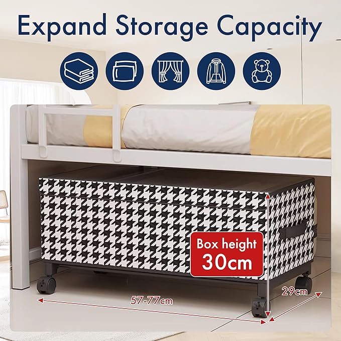 Under Bed Storage with Wheels, 65L Adjustable Underbed Bins 30.3×11.4×11.8" for Clothes Shoes Blankets (black - Transparent Cover)