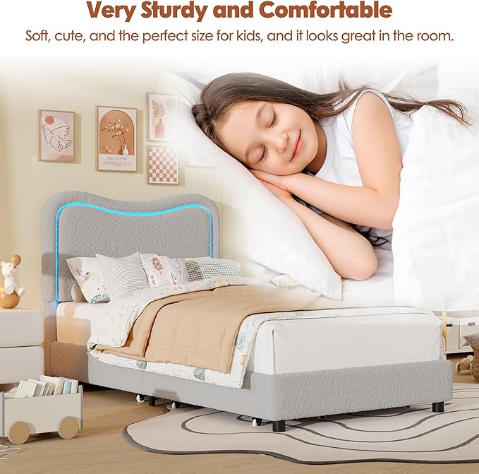 GarveeHome Upholstered LED Twin Bed Frames for Kids with 2 Drawers and Headboard, Cute Twin Bed with Storage for Girls, Boys, Sturdy Platform Bed, No Box Spring Needed, Wooden Slats, Noise Free, Grey