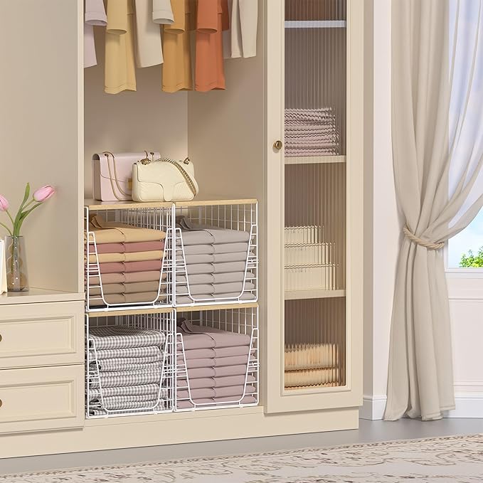 SWTYMIKI 2PCS Closet Organizers and Storage - Stackable Closet Basket with Wood Top Shelf, Clothes Storage Shelves, Clothes Drawer Bins for Wardrobe, Bedroom, Entryway, White