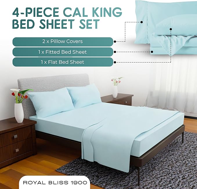 California King Sheet Sets – 4Pcs Cal King Bedding Set, Deep Pocket, Double Brushed Microfiber, Fade Resistant, Soft & Breathable Bed Sheets for Ultimate Comfort(Aqua)