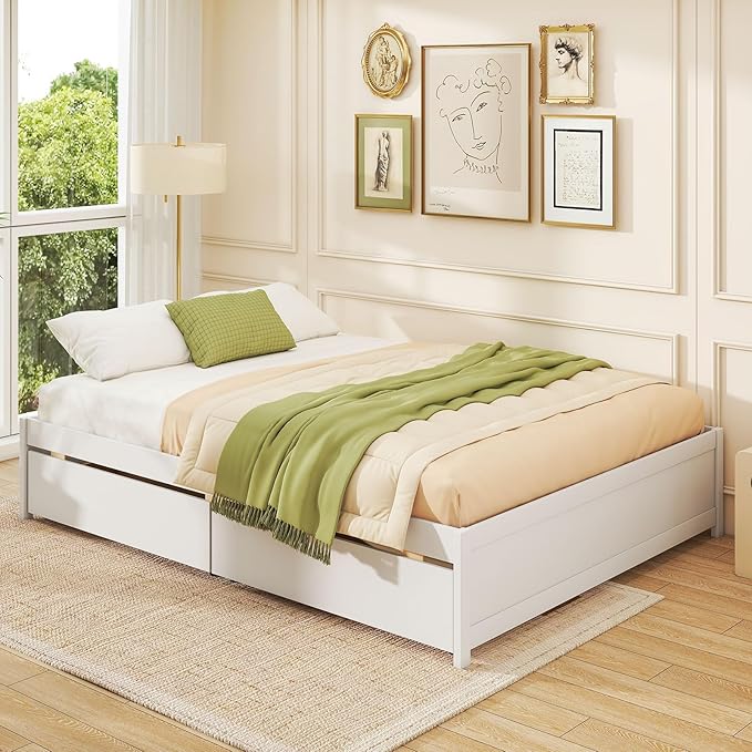 Giantex Queen Size Bed Frame with 2 Storage Drawers, Solid Wood Platform Bed with Slats Support, Heavy Duty Daybed with Storage, No Box Spring Needed, Queen Bed Frames for Teens Adults, White