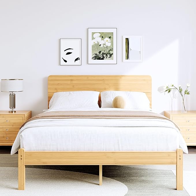 BOSRII 14in High Solid Bamboo Wood Platform Full Size Bed Frame with Headboard, Reinforced Heavy Duty Metal Slats, Noise Free, No Box Spring Needed, Easy Assembly