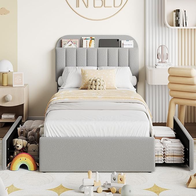 Garvee Twin Size Bed Frame with 2 Flexible Drawers, Boucle Upholstered Platform Bed Frame with Bookcase Headboard, Bedframe for Kids/Girls/Boys, Easy Assembly, No Box Spring Needed, Noise Free, Grey