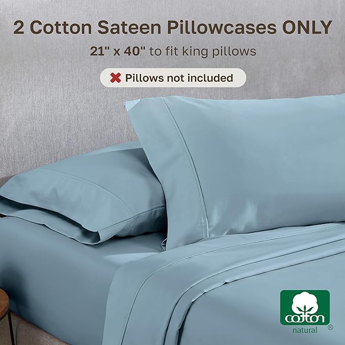 California Design Den King Size Pillowcase Set - 400 Thread Count, 100% Cotton Sateen, Set of 2 Pillow Covers, Soft and Breathable - Sky Blue