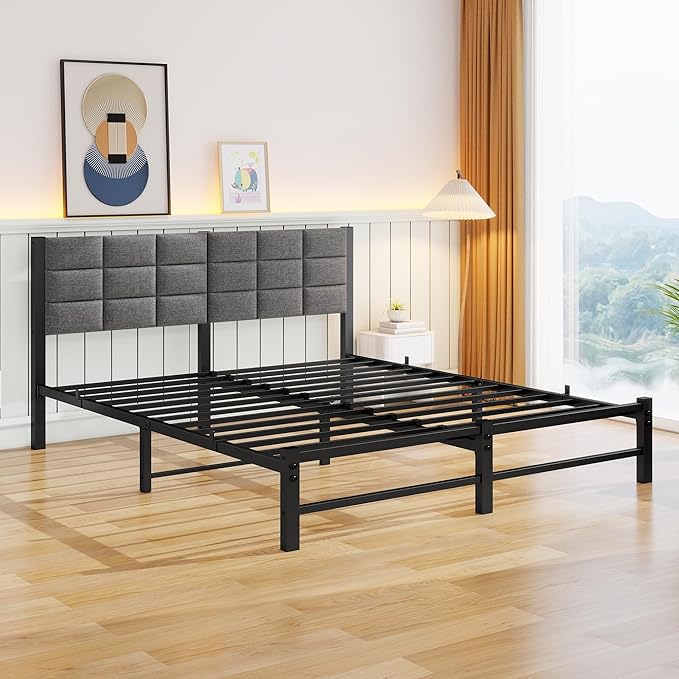 Queen Bed Frame with Headboard - Sturdy Metal Platform Bed Frames Queen Size with Storage Space Under Frame,No Box Spring Needed,Strong Steel Slats Support,Grey