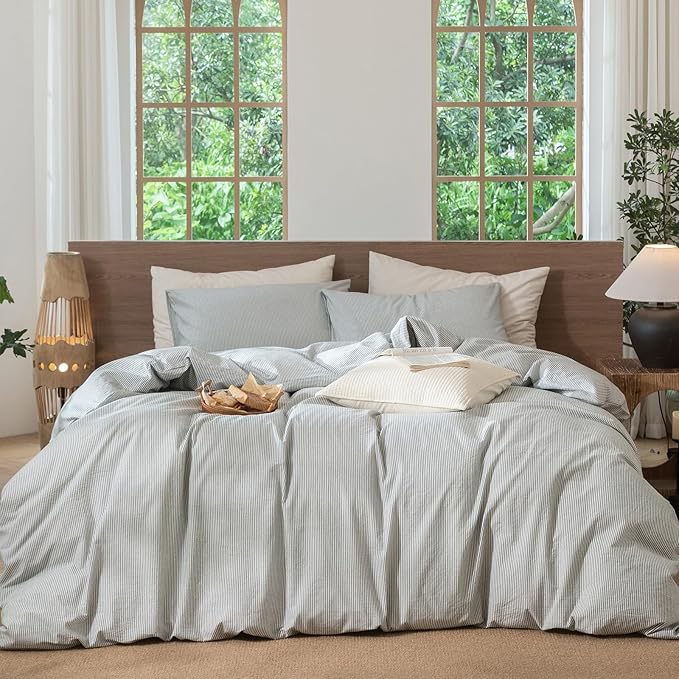 MooMee Striped Duvet Cover Set 100% Washed Cotton Linen Like Textured Breathable Durable Soft Comfy (Heathered Green Pinstripes, Full 80"x90")