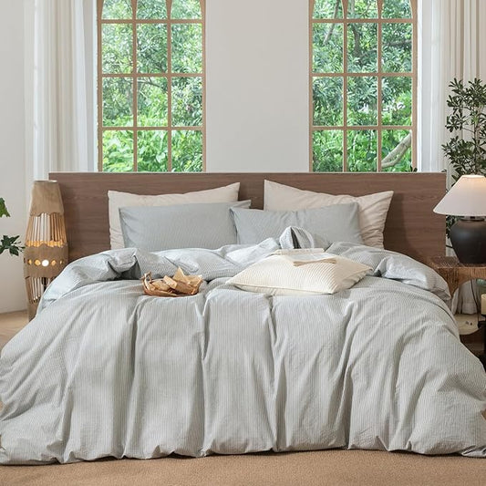MooMee Striped Duvet Cover Set 100% Washed Cotton Linen Like Textured Breathable Durable Soft Comfy (Heathered Green Pinstripes, Twin 68"x90")