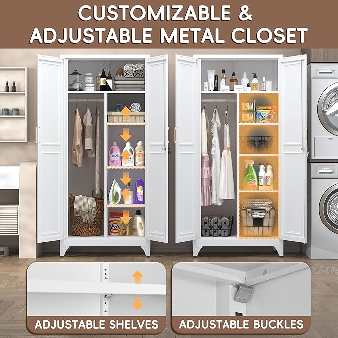 SteeLoong Metal Wardrobe Closet,71" H Wardrobe Cabinet with Locking Doors,White Clothing Storage Cabinets with Hanging Rod and 3 Adjustable Shelves,Armoire Wardrobe Closet for Home Office,School,Gym