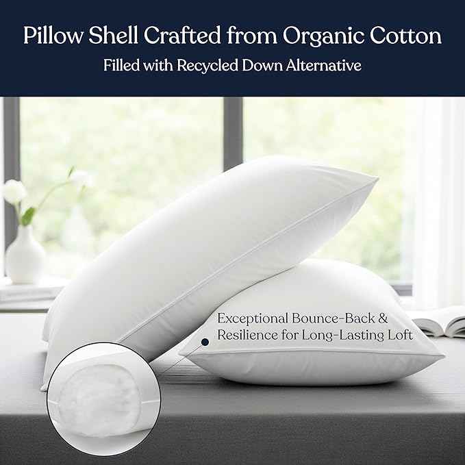 Bed Pillows Set of 2 GOTS Certified Organic Cotton Sateen Shell, Down Alternative Fill, Hypoallergenic, Cooling & Breathable, GOTS + Oeko-TEX + GRS, Eco-Friendly, Standard 20"x28"