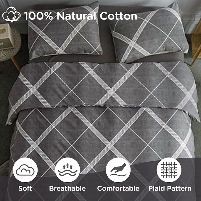 TOCOMOA Plaid Duvet Cover Set 100% Natural Cotton Soft Comfy Breathable 3 Piece Grey and White Striped Pattern Printed Comforter Cover Bedding Set (King 104"x90", Comforter Not Included)