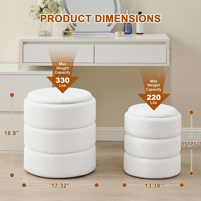 oakvivo Round Ottoman with Storage Set of 2, Soft Teddy Velvet Upholstered Foot Stool Vanity Chairs, Support 330lbs Padded Seat Multifunctional Ottomans Footrest, Foot Rest for Living Room, White