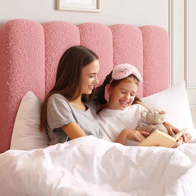 GarveeHome Twin Bed Frame with Under-Bed Drawer, Upholstered Platform Bed with Wave Headboard for Kids/Girls, Wooden Slats Support, No Box Spring Needed, Boucle Pink, 2 Sets