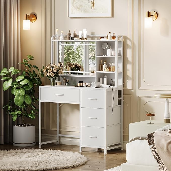 GarveeHome Vanity Desk with Mirror, 35.4” Makeup Vanity Table with Shelves, 4 Fabric Drawers Storage, Modern Dressing Table for Bedroom, Gift for Women