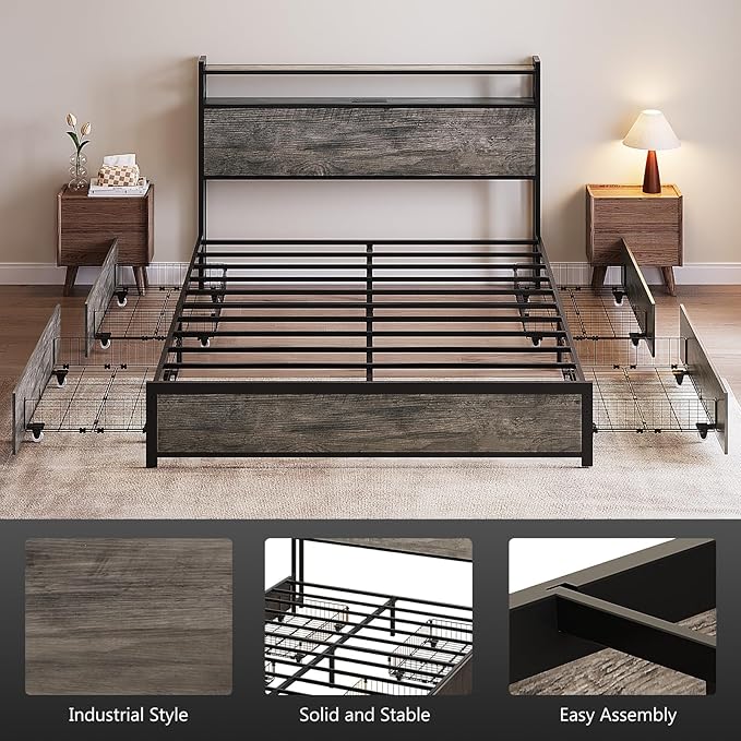 VINGLI LED Queen Bed Frame with 4 Storage Drawers and Adjustable Headboard Shelf, Metal Platform Panel Bed with Charging Station for Kids Teens, Adults, No Box Spring Needed, Wash Gray