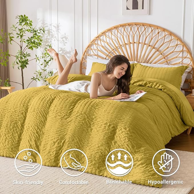 HYMOKEGE Mustard Yellow Duvet Cover Full Size, Ultra Soft 3-Piece Seersucker Duvet Cover Set with Zipper Closure, Soft Brushed Microfiber Bedding Set with 8 Corner Ties (80"x90", 2 Pillowshams)