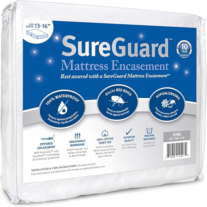 King (13-16 in. Deep) SureGuard Mattress Encasement - 100% Waterproof, Bed Bug Proof, Hypoallergenic - Premium Zippered Six-Sided Cover