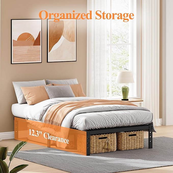 18 Inch Twin Size Metal Bed Frame, Heavy Duty Mattress Foundation with Storage Space, Sturdy Steel Slats, Easy Assembly, No Box Spring Needed, Black