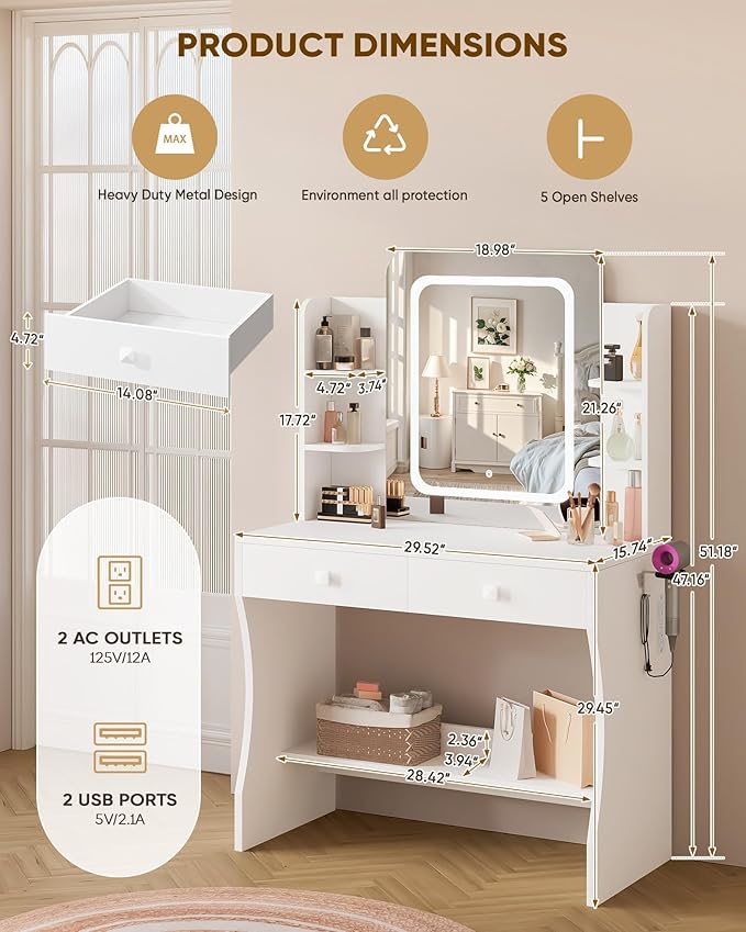 LIVELYGLOW Small Makeup Vanity Desk with Smart LED Mirror & Power Outlet, 29.5" White Vanity Table with Hairdryer Rack, 5 Storage Shelves & 2 Drawers, Compact Dressing Table for Small Spaces