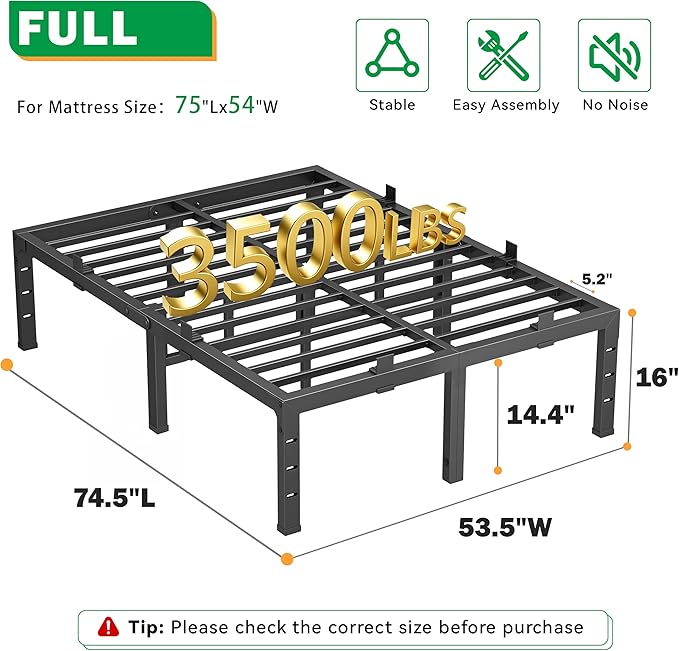 16 Inch Full Size Bed Frames, Heavy Duty Metal Platform 3500 lbs Capacity, No Box Spring Needed, 6 Mattress Slide Stopper, Headboard Holes, Noise-Free, Easy Assembly